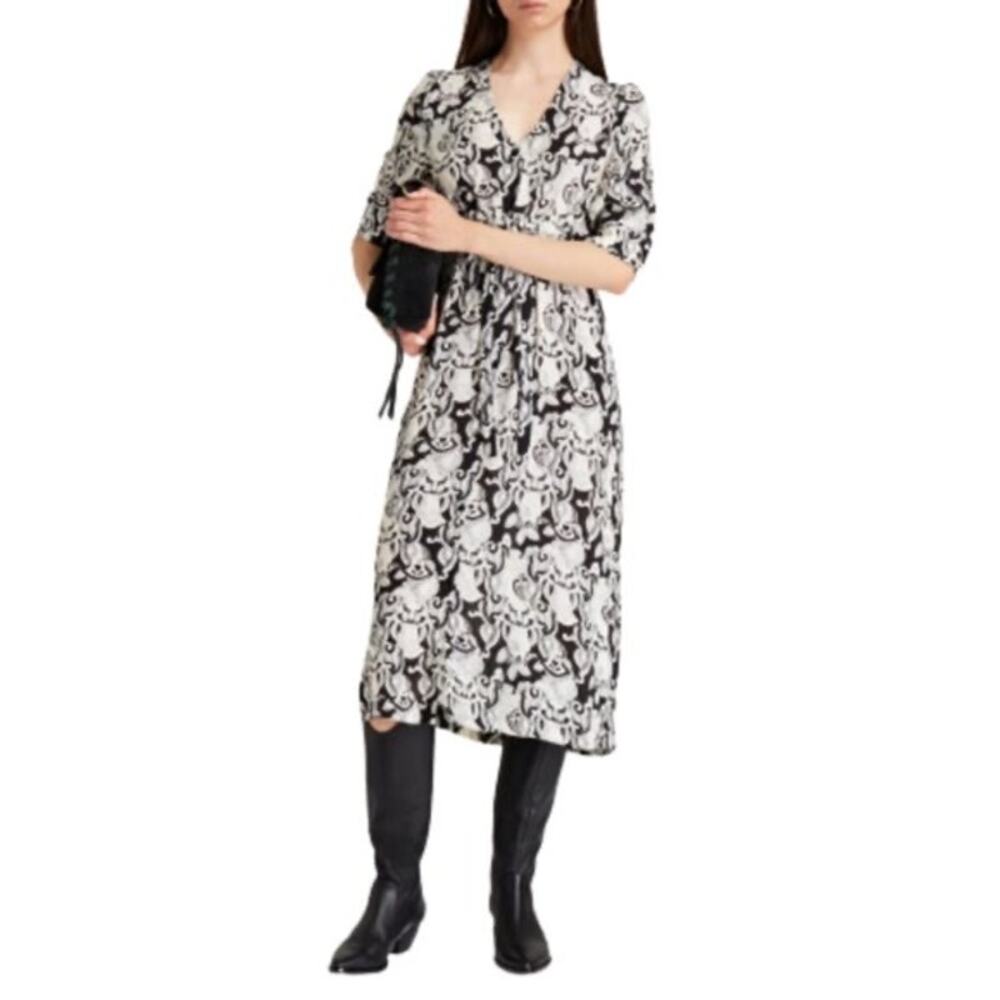 SEE BY CHLOE Black White Tie Front Midi V-Neck Long Sleeve Dress size 42 US 10